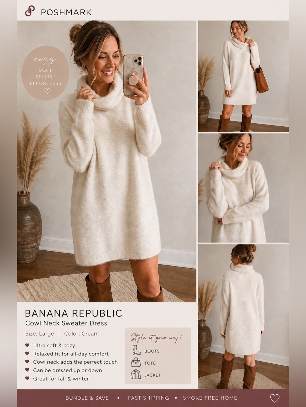 Banana Republic Cream Cowl-Neck Sweater Dress size Large NWT